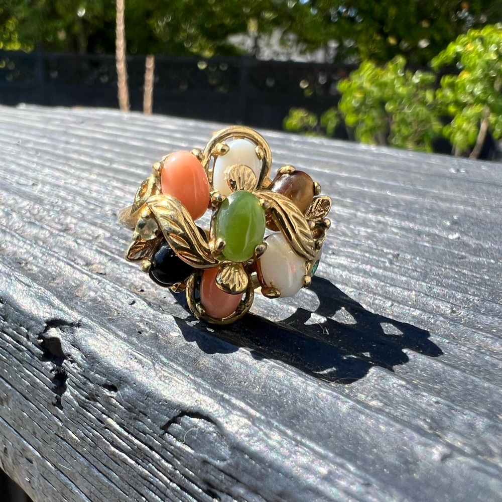 Vintage 14k Gold Plated Jade Tigers Eye Opal Coral Cluster Cocktail Ring